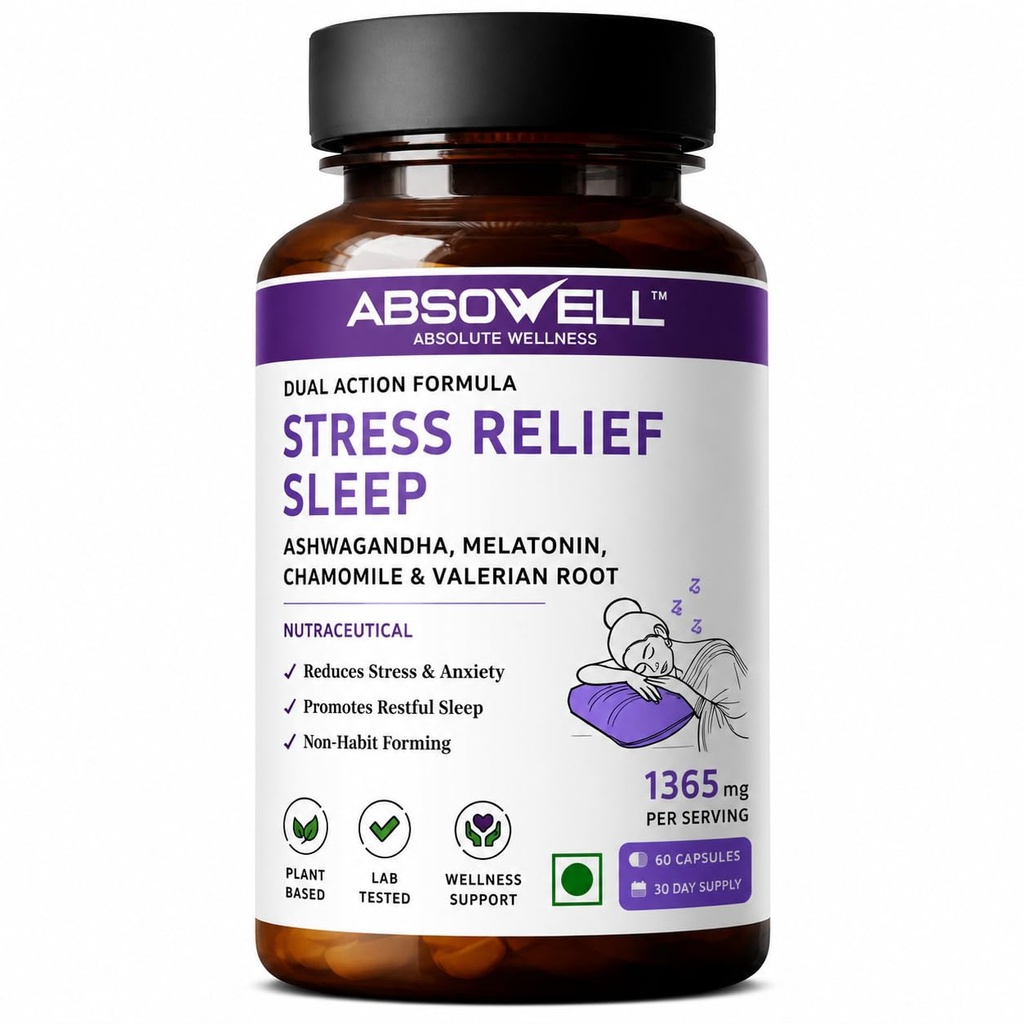Stress & Sleep Relief | 60 Veg Capsules | Ashwagandha 300mg, L-Theanine 200mg, Valerian, Chamomile & Melatonin 3mg | Natural Non-Habit Forming Sleep Aid & Stress Relief Supplement