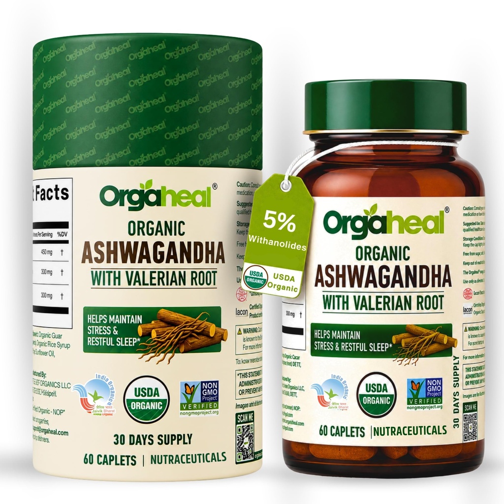 Organic Ashwagandha Caplets 2100mg | USDA & India Organic Certified Ashwagandha with Valerian Root for Stress Management, Improved Sleep, Relaxation & Immune System Support | 60 Caplets