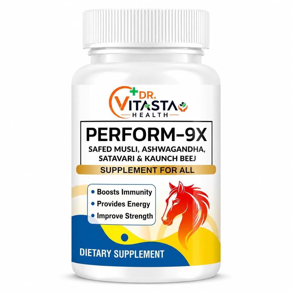 Dr Vitasta Perform-9X Capsules | Safed Musli, Ashwagandha, Shatavari, Kaunch Beej, L-Arginine | Men's Performance | 30 Capsules