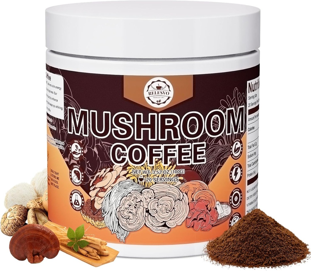Paddestoel Koffie, Instant Mushroom Koffie Paddestoel Poeder Blend (20 Servings) met Cordyceps, Reishi, Lion's Mane, Shiitake, Koning Trompet, Paddestoel Supplement voor energie, Focus, Immune Ondersteuning