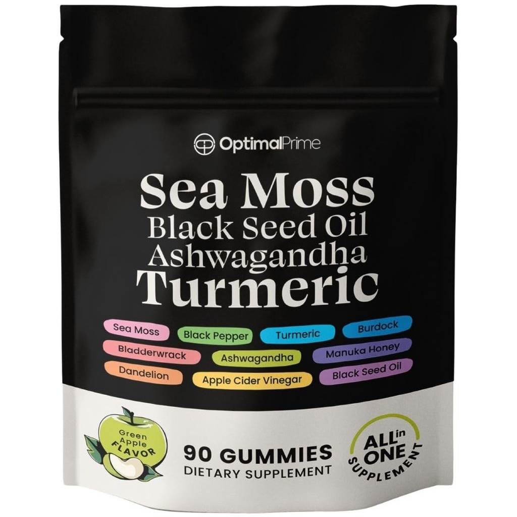 Optimale Prime Sea Moss and Black Seed Oil Gummies, Ashwagandha, Turmeric, Manuka Honey, ACV, Dandelion, Black Pepper, Burdock, Bladderwrack, Vegan, 90 Gummies 45 Day Supply