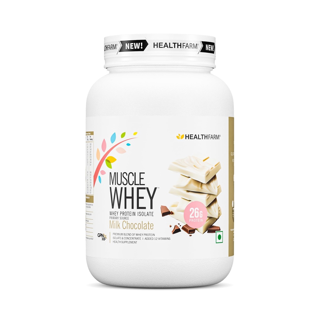 Healthfarm Muscle Whey Protein Powder | 26g Protein Per Serving | High Protein Post Workout Supplement for Muscle Growth, Strength & Recovery | Milk Chocolate Flavor | 1kg