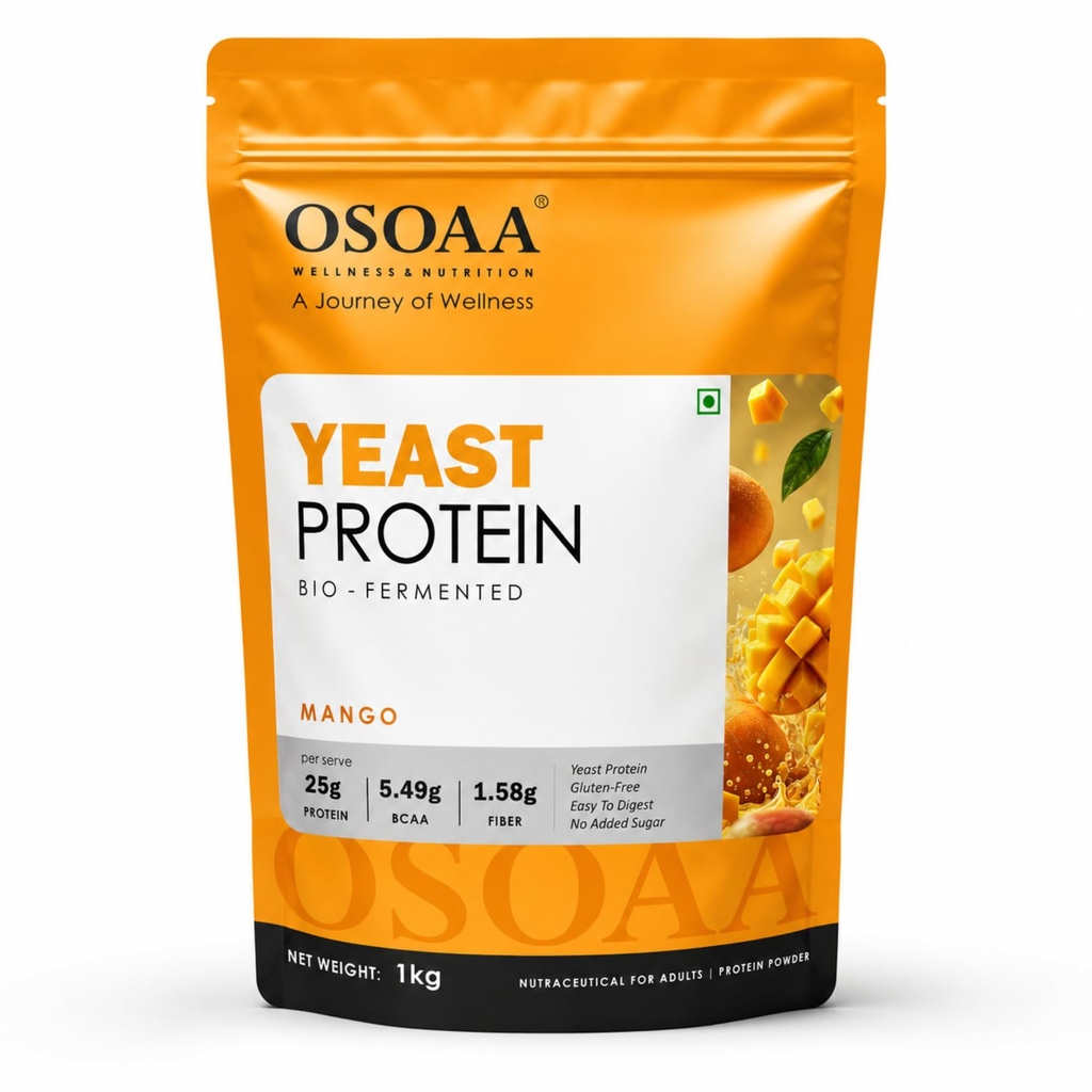 OSOAA Bio-Fermented Yeast Protein Powder – Mango | 25g Protein, 5.49g BCAA per Serve | Gluten-Free, Plant-Based Alternative, Easy to Digest | 1kg (27 Servings)