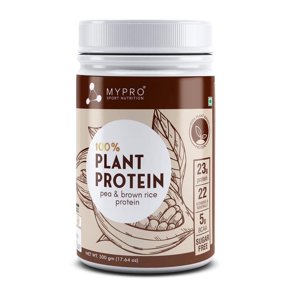 Mypro Sport Nutrition Plant Protein Powder Pea & Brown Rice Protein (23g protein,22 Vitamins & minerals,5g BCAA) Plant Based Protein Men & Women (Chocolate, 500 g (Pack of 1))