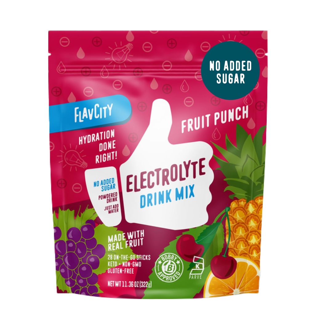 FlavCity Fruit Punch Electrolytes Powder Packets - 28 Packs d'hydratation - Pas de sucre ajouté - Poudre d'hydratation avec des fruits réels et du sel de mer non raffiné - Keto & sans gluten (28 Stick Packs)