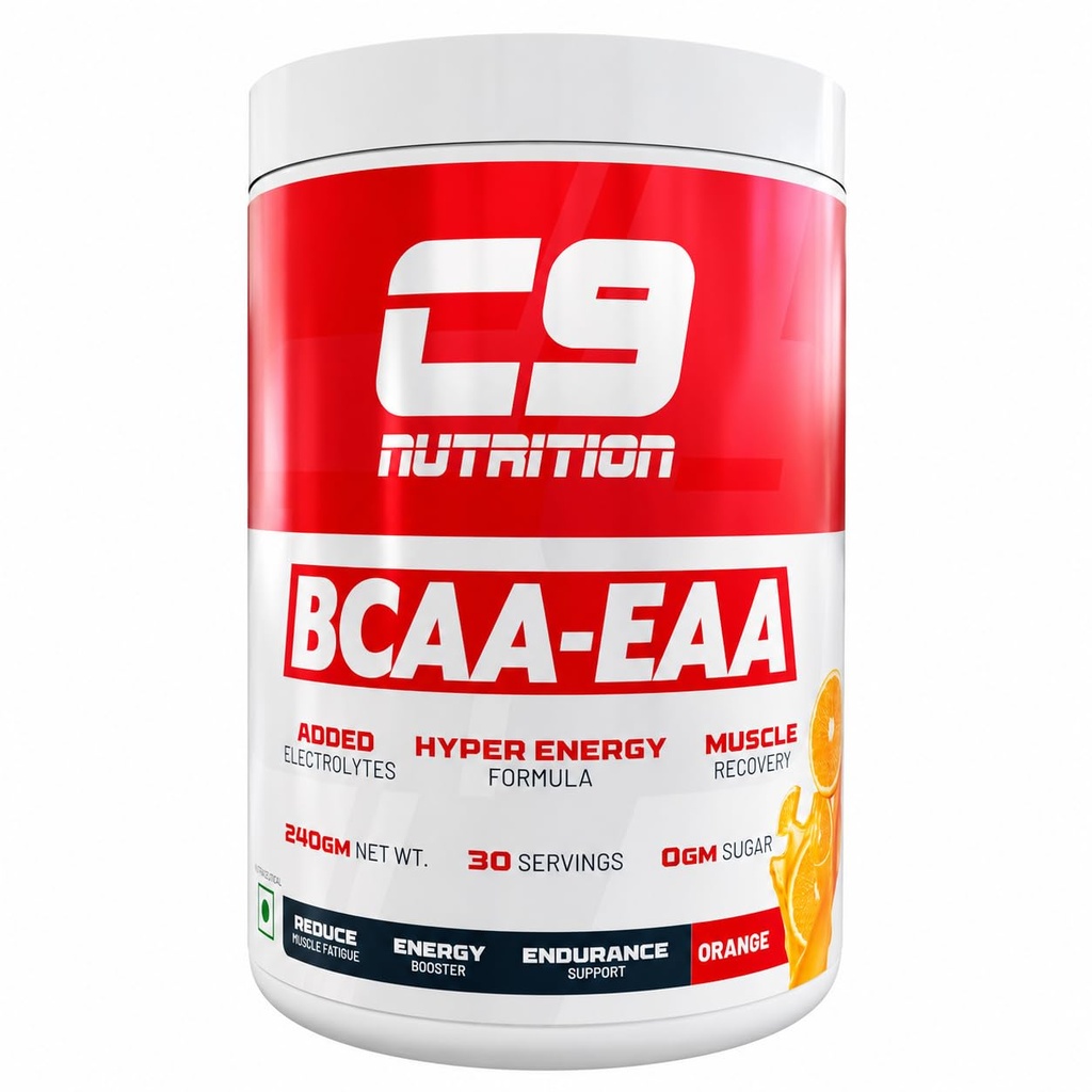 C9 NUTRITION BCAA EAA Powder with 5000mg BCAA, 9000mg EAA & 500mg L-Arginine | Sugar-Free Amino Acid Supplement with Electrolytes for Workout & Muscle Recovery | 30 Servings, Orange Flavour)