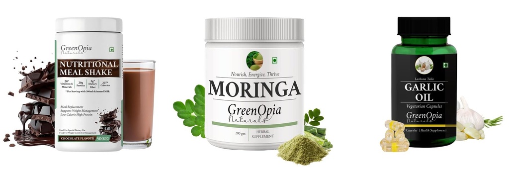 Nutritional-meal-shake-chocolate, Moringa-oleifera-powder, Garlic-oil-vegetarian-capsules Combo | Convenient Nutrition & Wellness Routine | Multi-Product Pack