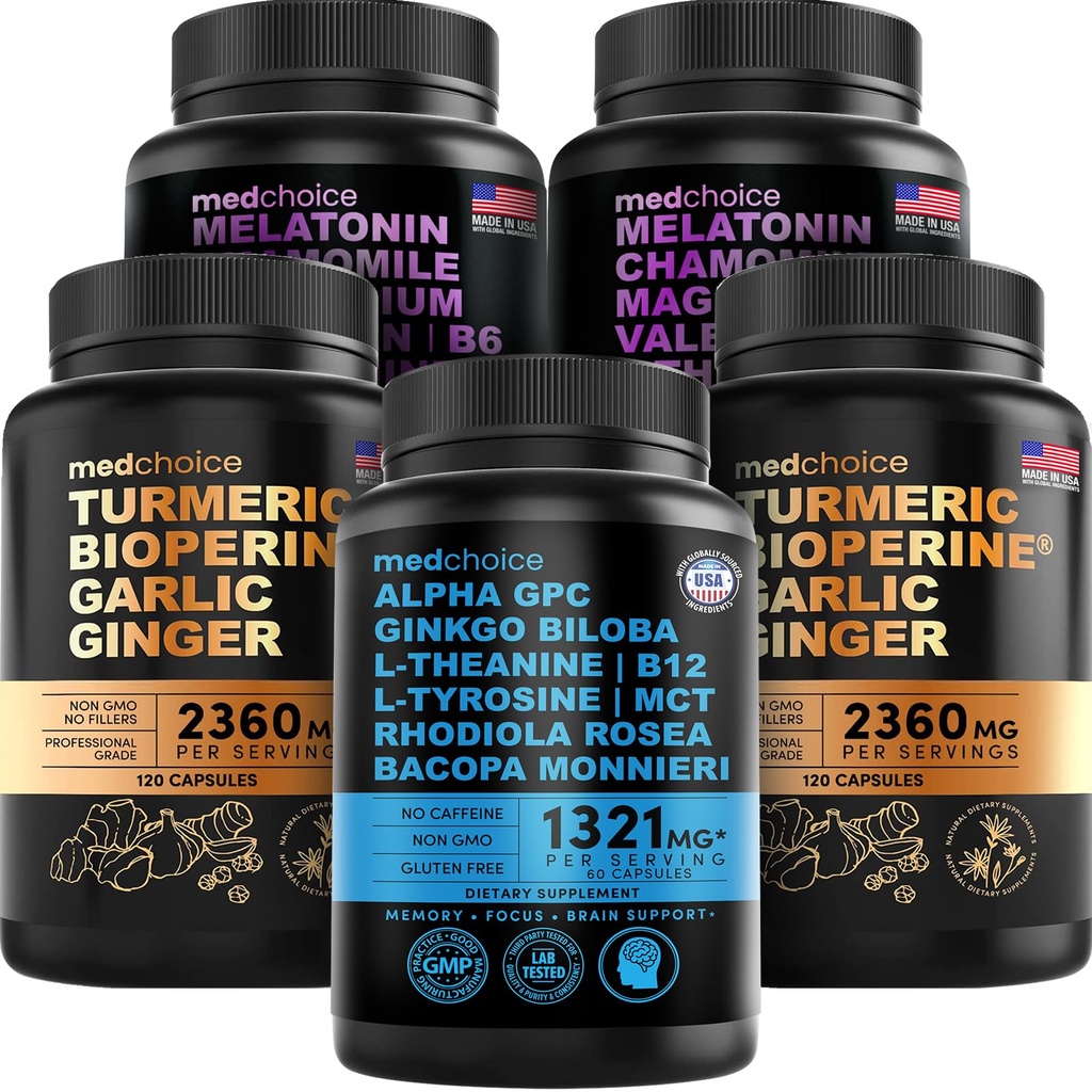 MEDCHOICE Kurkuma & Gember (240ct), Slaap Melatonine (180ct) en Nootropic Brain (60ct) Supplement Bundle - Wellness Trio for Brain, Sleep, & Immune Support - Vegan, Non-GMO, Glutenvrij