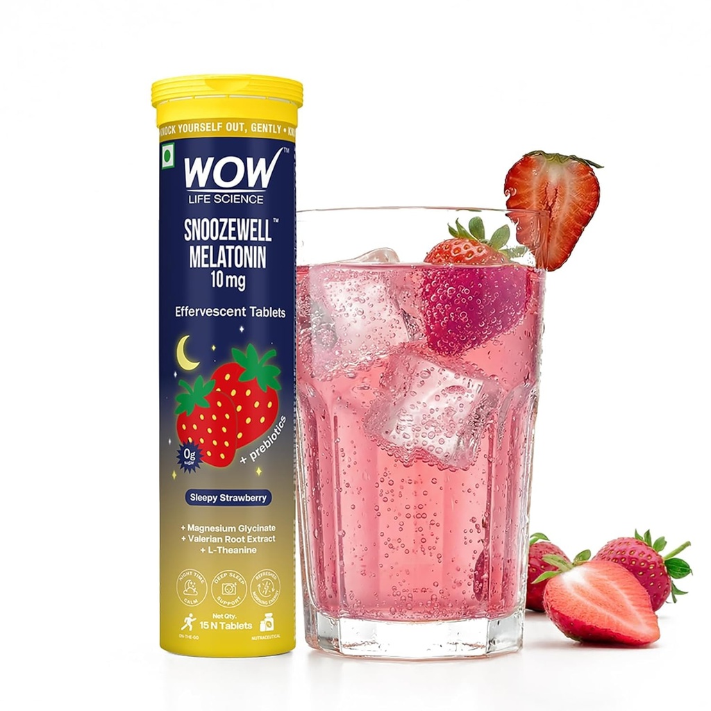 WOW Life Science Snoozewell Melatonin 10 mg Effervescent Tablets | Night-Time Sleep Drink with Magnesium Glycinate, Valerian & L-Theanine | Zero Sugar Gentle Sleep Support, Calm Mind & Deep Rest | Sleepy Strawberry | 15 Tablets