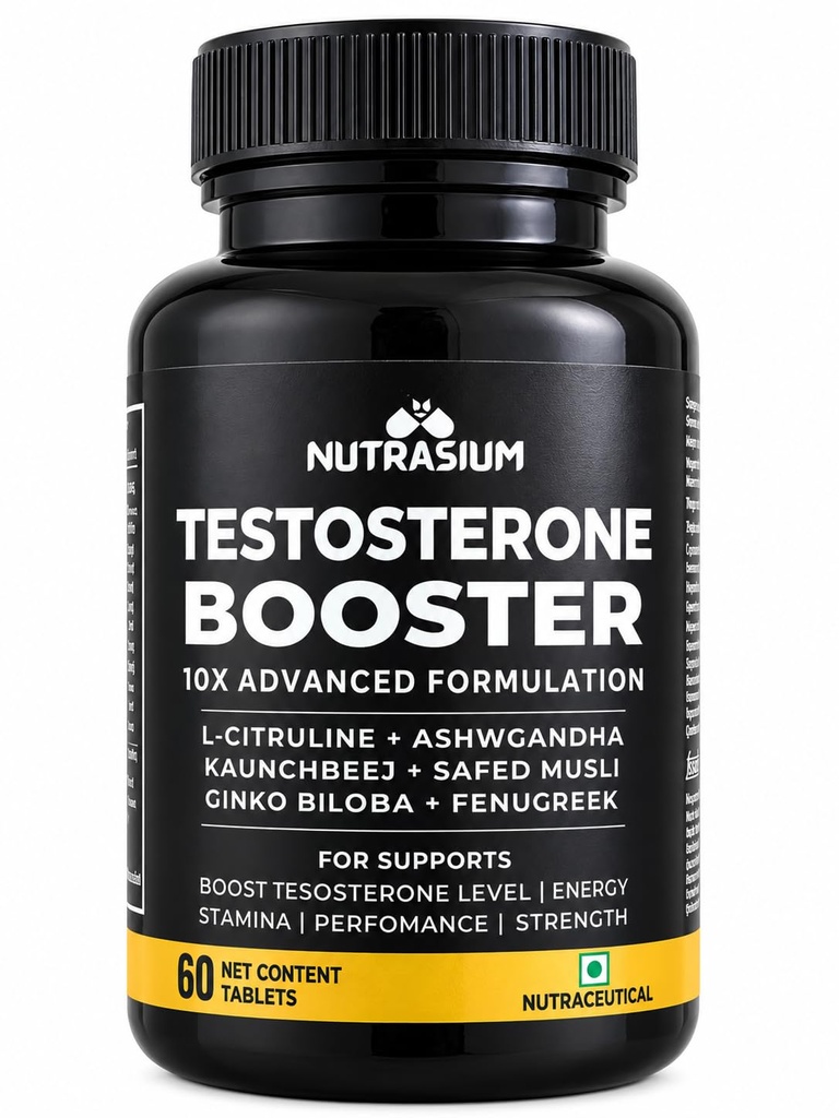 Nutrasium Testosterone Booster Supplement For Men | Testo Booster with Tribulus 1000mg & Ashwagandha 500mg | L-Citrulline & Kaunch Beej | Safed Musli & Ginkgo Biloba | 30 Veg Tablets (60 Count)
