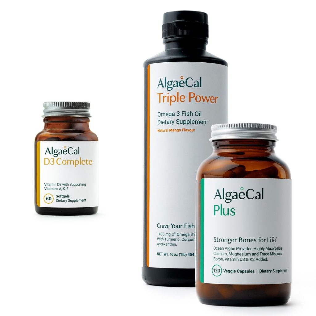 Ensemble ALGAECAL - Vitamine D3 Complete (1000 UI) + Vitamines K2, E & A et Calcium à base végétale pour les os plus forts et l'huile de poisson Oméga 3 1200mg EPA DHA