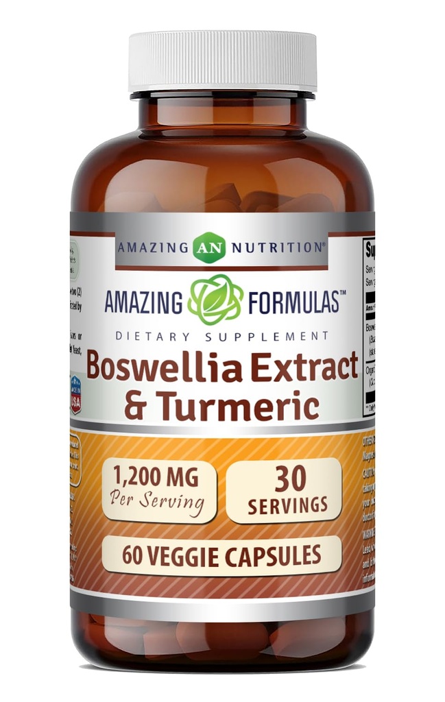 Formules étonnantes Boswellia Extract & Turmeric Supplement $ 1200 Mg par service $ 60 Capsules Veggie $ Non-GMO $ Sans gluten $ Fabriqué aux États-Unis $
