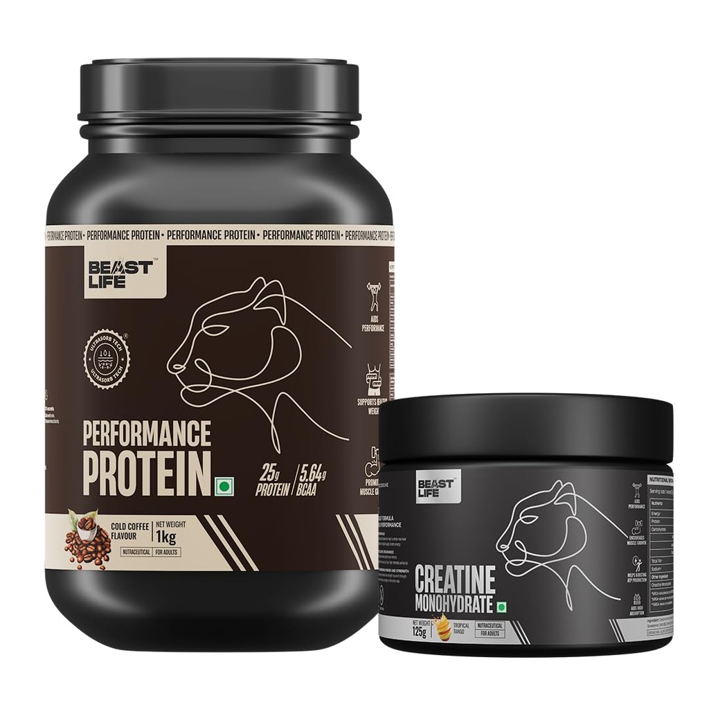 BeastLife Performance Yeast Protein Powder 1Kg with Creatine Monohydrate 125g | 25g Protein | Cold Coffee, Tropical Tango | Smooth & Light, Easy to Digest with Ultrasorb Tech