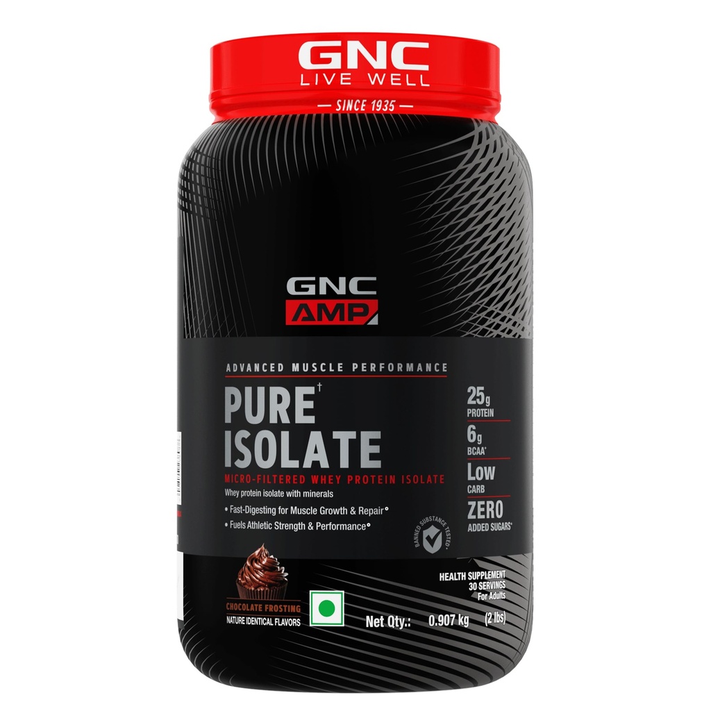 GNC Amp Pure Isolate Zero Carb | 2 Lbs | 30 Servings | Boosts Athletic Performance Builds Lean Muscles | Speeds Up Recovery | Digezyme For Easy Digestion | 25G Protein | 6G Bcaa | Chocolate Frosting