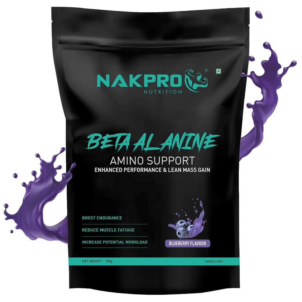 Nakpro Beta Alanine Supplement Powder| Muscle Building Amino Acid, Faster Recovery, Pre Workout supplement for Men & Women -100g Blueberry, (33 Servings)