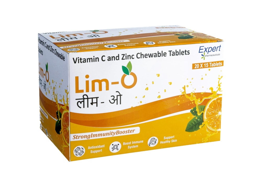 Lim-O Vitamin C(500mg) & Zinc, Chewable Tablets for Immunity Skin – Vegan Formula For Men Women, Orange Flavour (45 Tablets)
