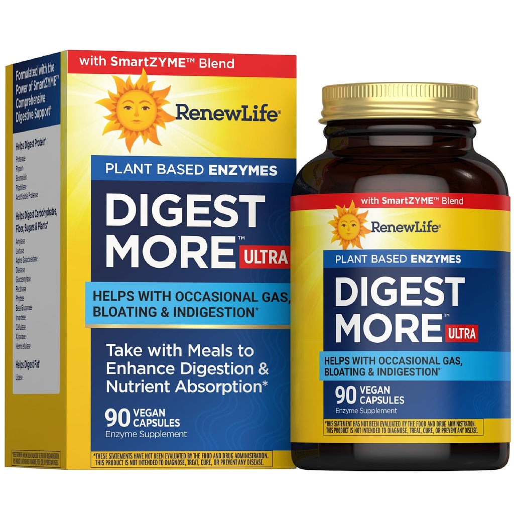Renew Life Adult DigestMore Ultra Enzymes - Ultra-Strengte Plant-Based Digestive Enzyme Formula for Men & Women - 90 Vegetarische Capsules