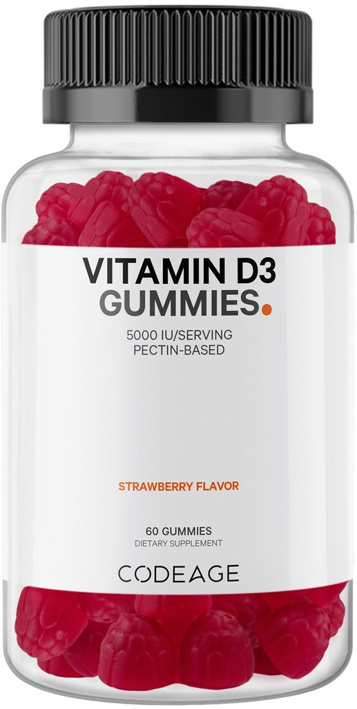 Codeage Vitamine D3 Gummy Vitaminen, Vitamine D3 5000 IE Gummies Cholecalciferol 125 mcg - 2-maands aanbod - Zachte pectine-based, diergelatine-vrije vitamines Gummy, aardbei, glutenvrije - 60 Gummies