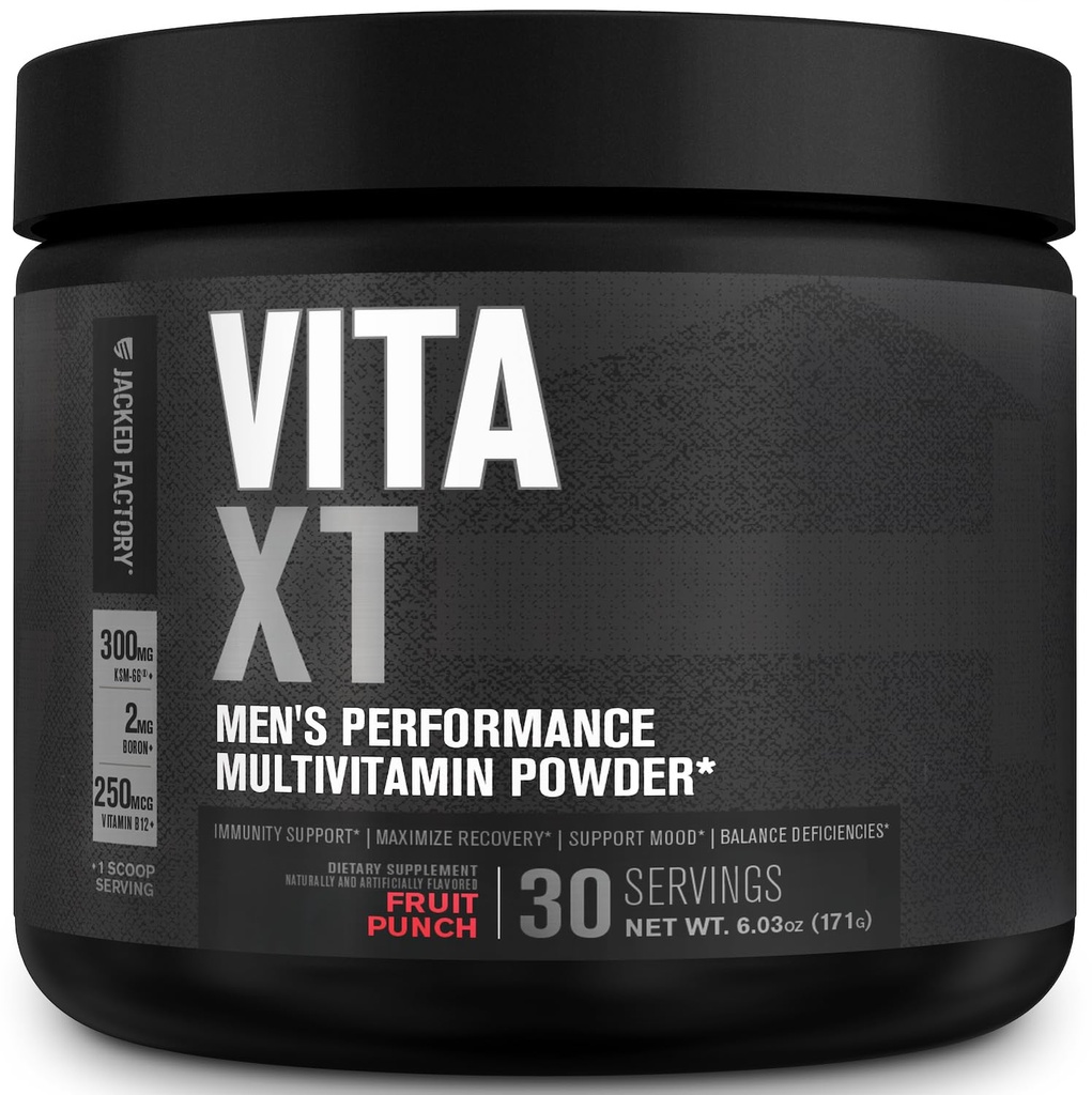 Ge Jacked Factory Vita XT Performance Vitamine Poeder - Dagelijks Multivitamine Poeder voor mannen met KSM-66 Ashwagandha, Prebiotic Fiber, Vitamine A, C, D, K, B6, B12, & More - Fruit Punch, 30Sv