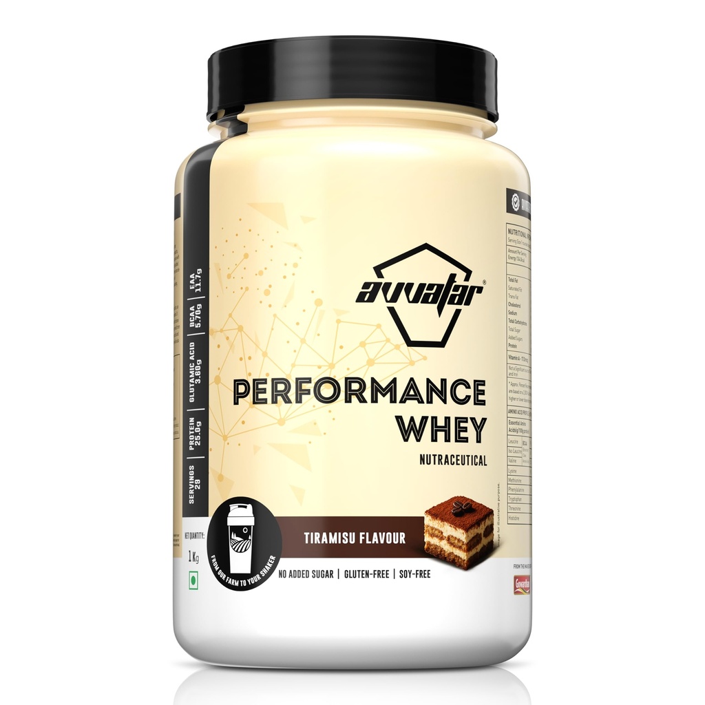 avvatar PERFORMANCE WHEY PROTEIN | 1Kg | Tiramisu Flavour | 25g Protein | 29 Servings