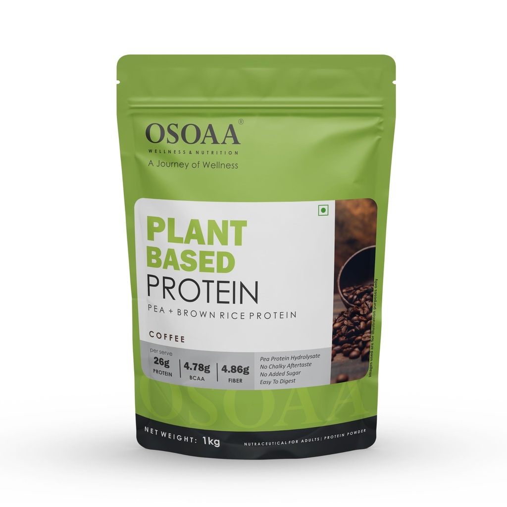 OSOAA Plant Based Protein Powder – Coffee | Pea + Brown Rice Protein | 26g Protein, 4.78g BCAA, 4.86g Fiber per Serve | No Chalky Aftertaste, No Added Sugar | 1kg (27 Servings)