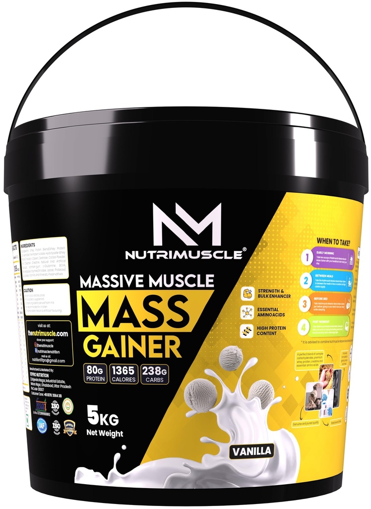 Nutrimuscle Massive Muscle Mass Gainer Supplement Powder – 5kg | Vanilla Flavour | With Creatine, Complex Carbs & Protein | For Muscle, Mass & Strength Gain | Men & Women