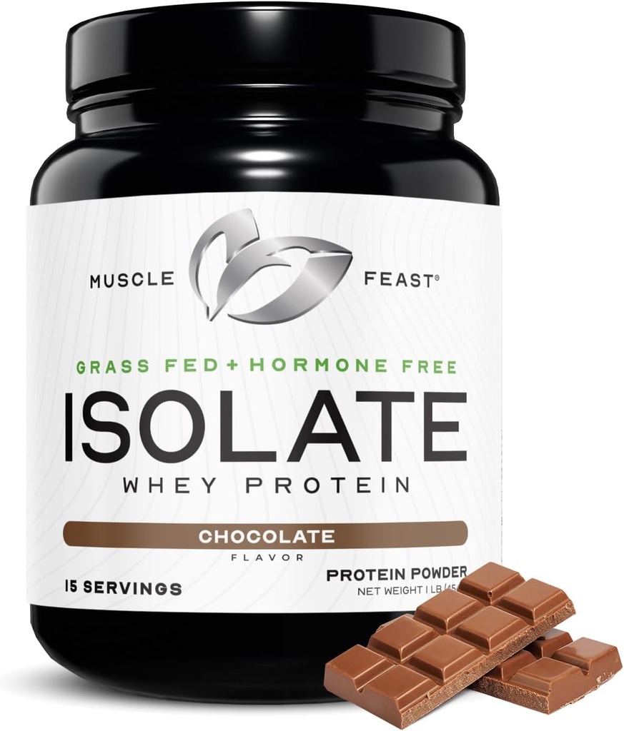 Muscle Feast Grass-Fed Wei Proteïne Isolaat, Alle Natuurlijke Hormone Gratis Pasture Verhoogd, Wei Isolaat Proteïne Poeder voor mannen en vrouwen, Schoon, Gluten-vrij, Heerlijk Isolaat Proteïne - Chocolade, 1lb