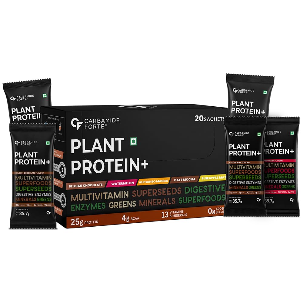 Carbamide Forte Plant Protein Powder - Plant Based Protein Powder with Multivitamin, Minerals, Superfoods, Pea Protein Powder, Digestive Enzymes | 5 Flavors Plant Protein Powder For Men - Pack Of 20