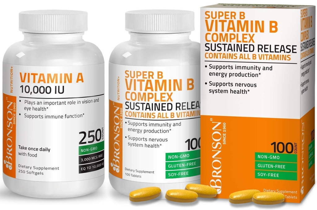Bronson Super B Vitamine B Complex Sustained Slow Release + Vitamine A 10.000 IE Premium Non-GMO Formule
