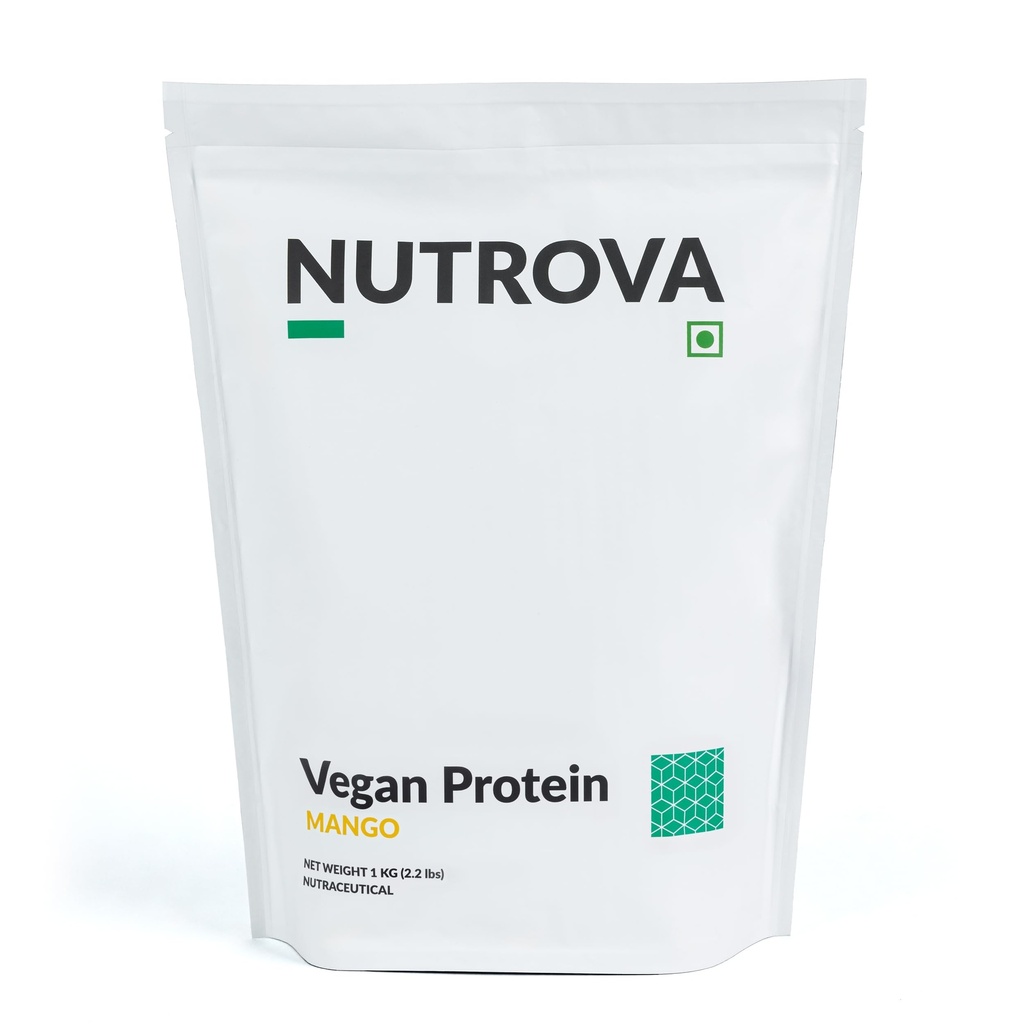 Nutrova Vegan Protein Isolate Mango 1Kg (Pack of 1) with 24g Protein per Scoop for Muscle Building | Gluten & Sugar Free Ideal Plant Protein sweetened with Stevia, 80% Protein with Taurine & Leucine