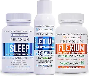Relaxium Slaaphulp 60 Capsule + Flexium Fast Acting Joint Support 60 Capsule + Flexium Instant Spray voor pijn, Max Sterkte met 10,5% Menthol & CurcuTame 90 ml (Family Pack Slaap & Joint Bundle)