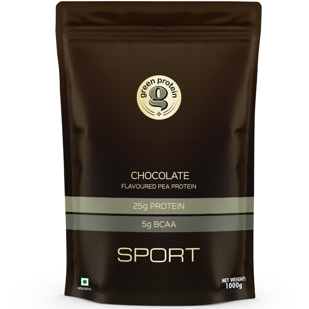 GREEN PROTEIN Sport Vegan Plant Protein Isolate Powder, 25gm Protein, 5g BCAA Per Serving, No Added Sugar | Soy Free, Dairy Free, Gluten Free, Allergen Free, Chocolate Flavor, 1kg