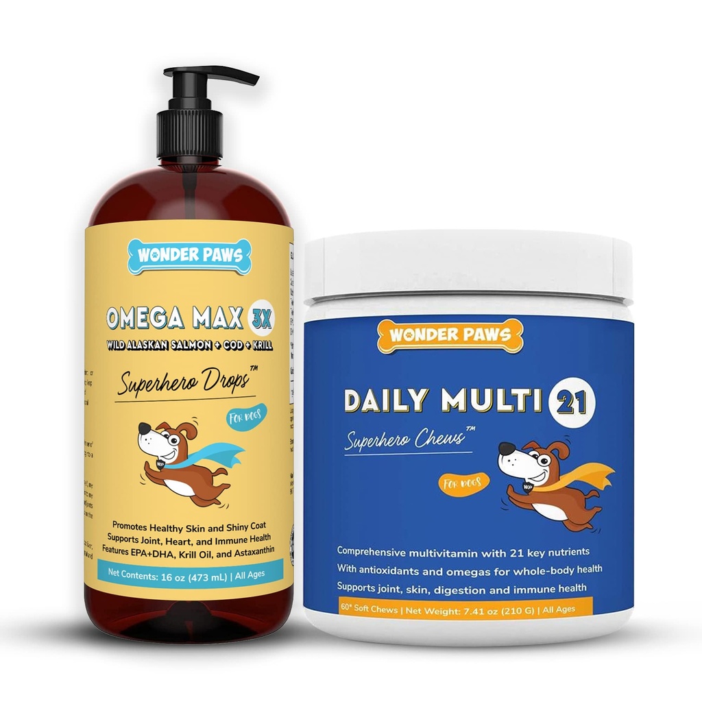 WONDER PAWS Omega Max Fish Oil Plus Dagelijkse Multivitamine Kauwen - voor Honden Gezamenlijke Gezondheid, Huid Vocht, Immuun Systeem Ondersteuning & Dagelijkse Wellness - Omega Max 16 Ounces - Multivitamine 60 Kauwen
