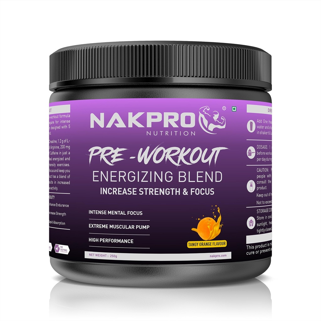 Nakpro Pre Workout Supplement Powder - JAR | 100mg Caffeine, 1.2g Creatine Monohydrate and 1.2g L-Citrulline | 50 per servings, Helps in Lean Muscle Building (Tangy Orange, 250g)