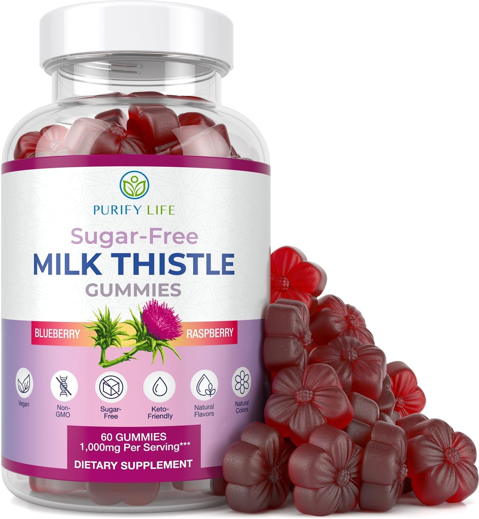 Suikervrije melk distel Gummies voor lever reiniging Detox & Repair (Natural Blueberry-Raz smaak) Cardo Mariano, reinigen van melk distel supplement, antioxidant ondersteuning, Veganistisch, vervangt pillen & capsules