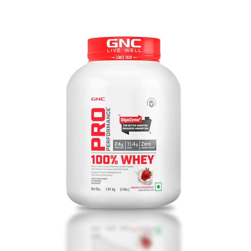 GNC Pro Performance 100% Whey Protein | 4 lbs | Muscle Growth | Muscle Recovery | DigeZyme® For Easy Digestion | Informed Choice Certified | 24g Protein | 5.5g BCAA | Creamy Strawberry