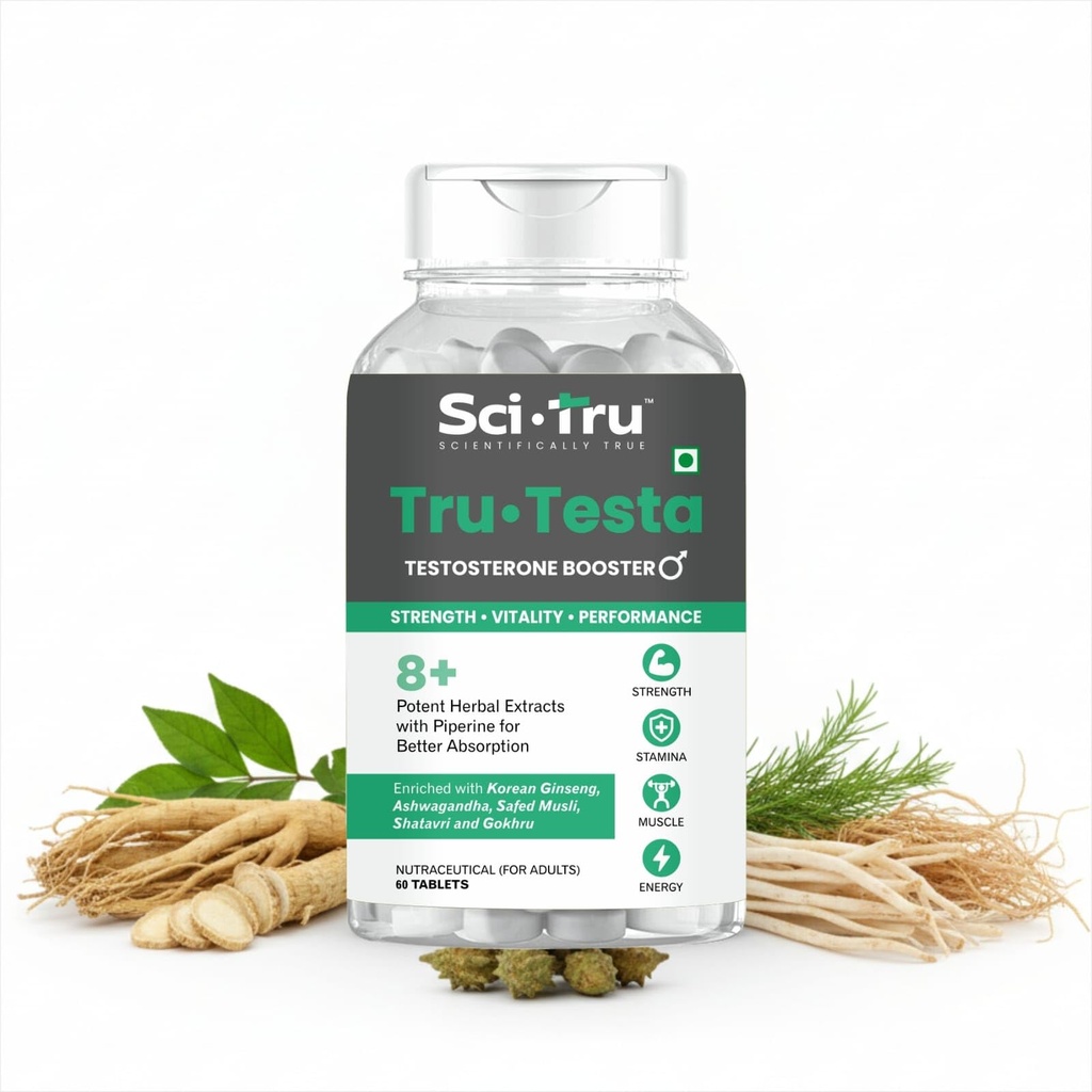 SCI.TRU Tru-Testa Testosterone Booster for Men | 8+ Herbal Extracts with Ashwagandha, Gokhru, Safed Musli & Korean Ginseng | Strength, Stamina & Energy Support | 60 Tablets