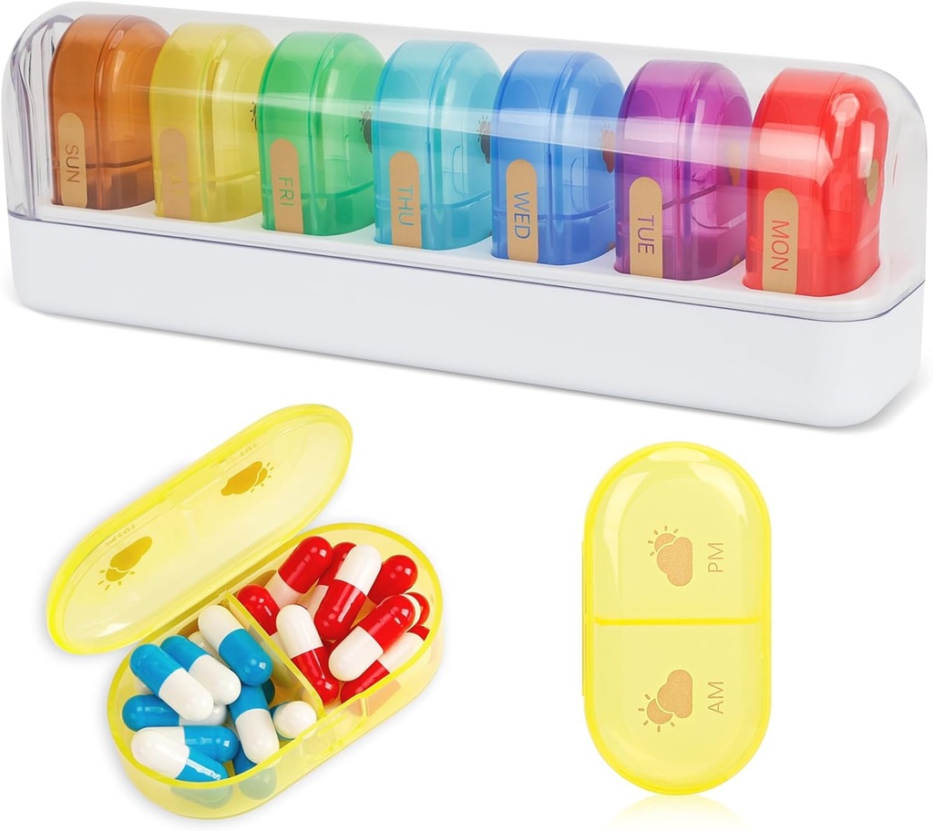 FYY Travel Pill Organizer, 14 Compartments Daily Pill Organizer Portable Pill Case Detachable Daily Pill Box voor Purse Pocket om vitamines te houden, Cod Lever Olie, Complements en Medication-White