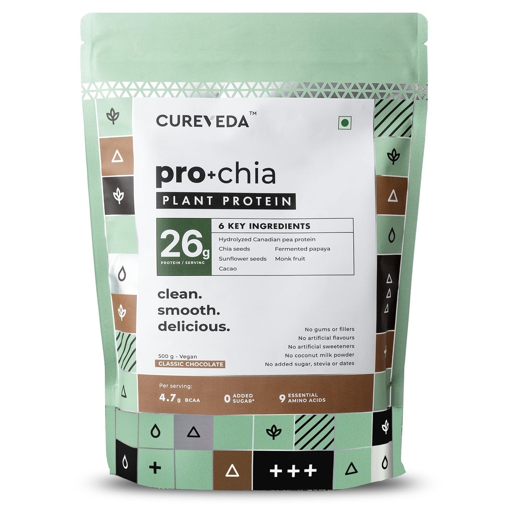 Cureveda Pro+ Chia Hydrolyzed Plant Protein Powder | 26g Protein, 4.7g BCAA | Canadian Pea Protein Isolate + Whole Chia Seeds | Vegan, Easy to Digest, No Stevia, No Gums 500gms