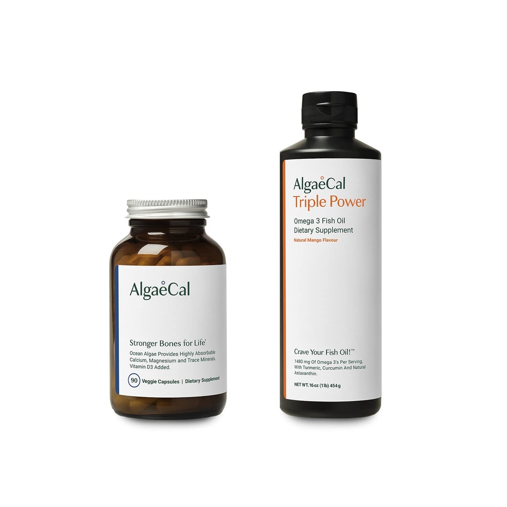 AlgaeCal Bundle - Plant Based Calcium Supplement met vitamine D3 voor botgezondheid & kracht & Triple Power Omega-3 Visolie Natuurlijke Liquid Emulsie met EPA & DHA, Curcumine, Astaxanthine