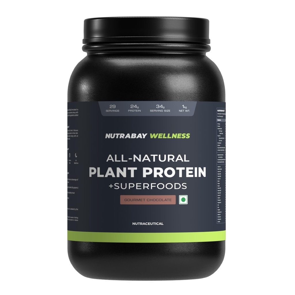 Nutrabay Wellness All Natural Plant Protein 24g Protein per Serving, Pea & Brown Rice, Sweetened with Stevia – 1kg, Gourmet Chocolate