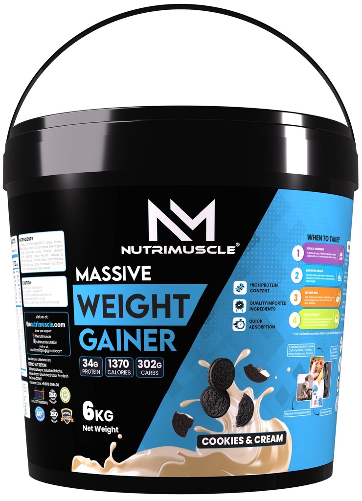Nutrimuscle® Massive Weight Gainer for Men & Women, 6 Kg – Cookies & Cream Flavour | High Calorie Formula with Complex Carbohydrates & Protein for Healthy Weight Gain