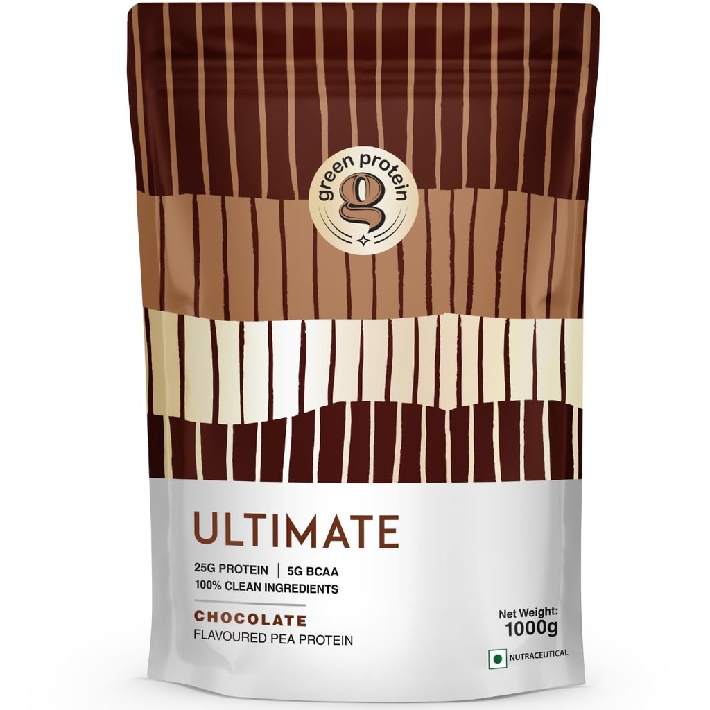 GREEN PROTEIN Ultimate Plant Protein Isolate Powder 25gm Protein, 5g BCAA Per Serving, No Added Sugar | Fortified with 17 Vitamins & Minerals | Chocolate Flavor (1kg)