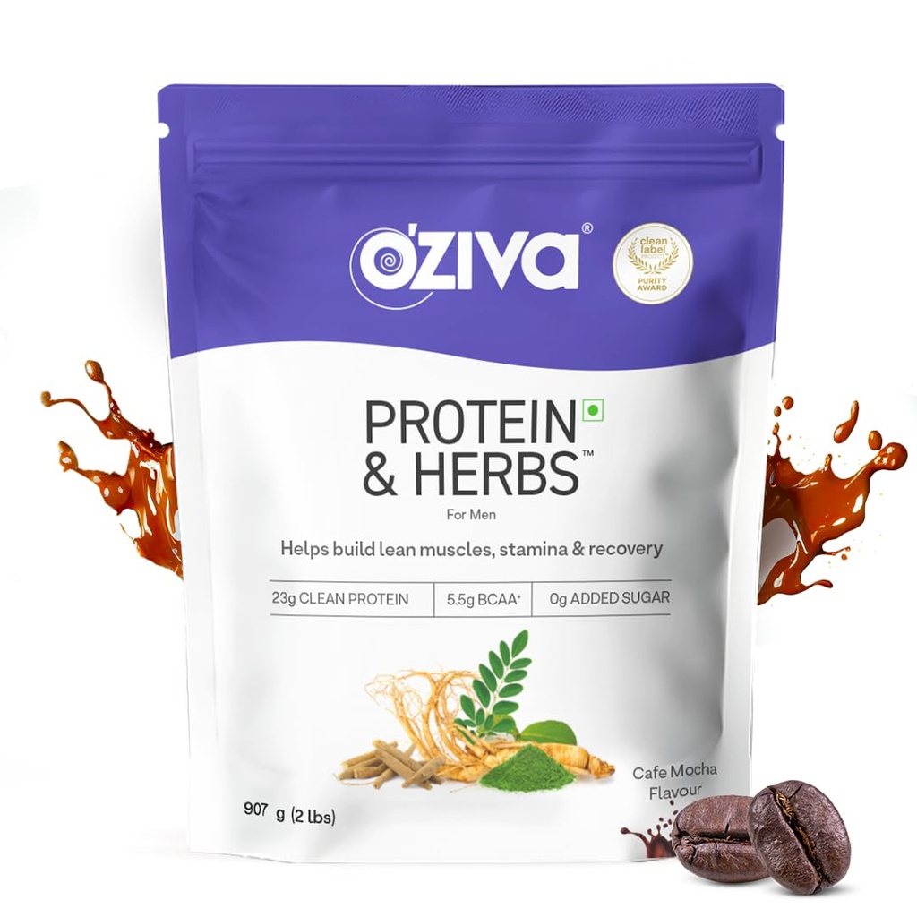 OZiva Protein & Herbs for Men, No Added Sugar, Green Tea, Cafe Mocha, 907G