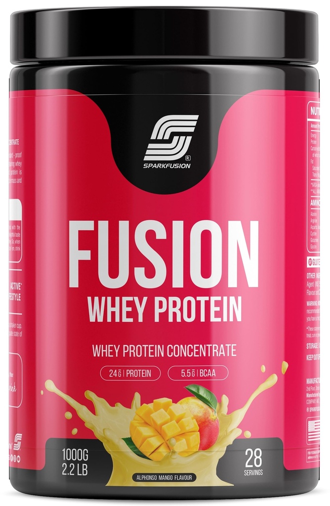 Sparkfusion Fusion Whey Protein Concentrate Powder | 24g Protein,5.5g BCAA per Serving | For Muscle Recovery Workout Drink,Lean Muscle Growth | For Men & Women - Alphonso Mango Flavour, 1 kg
