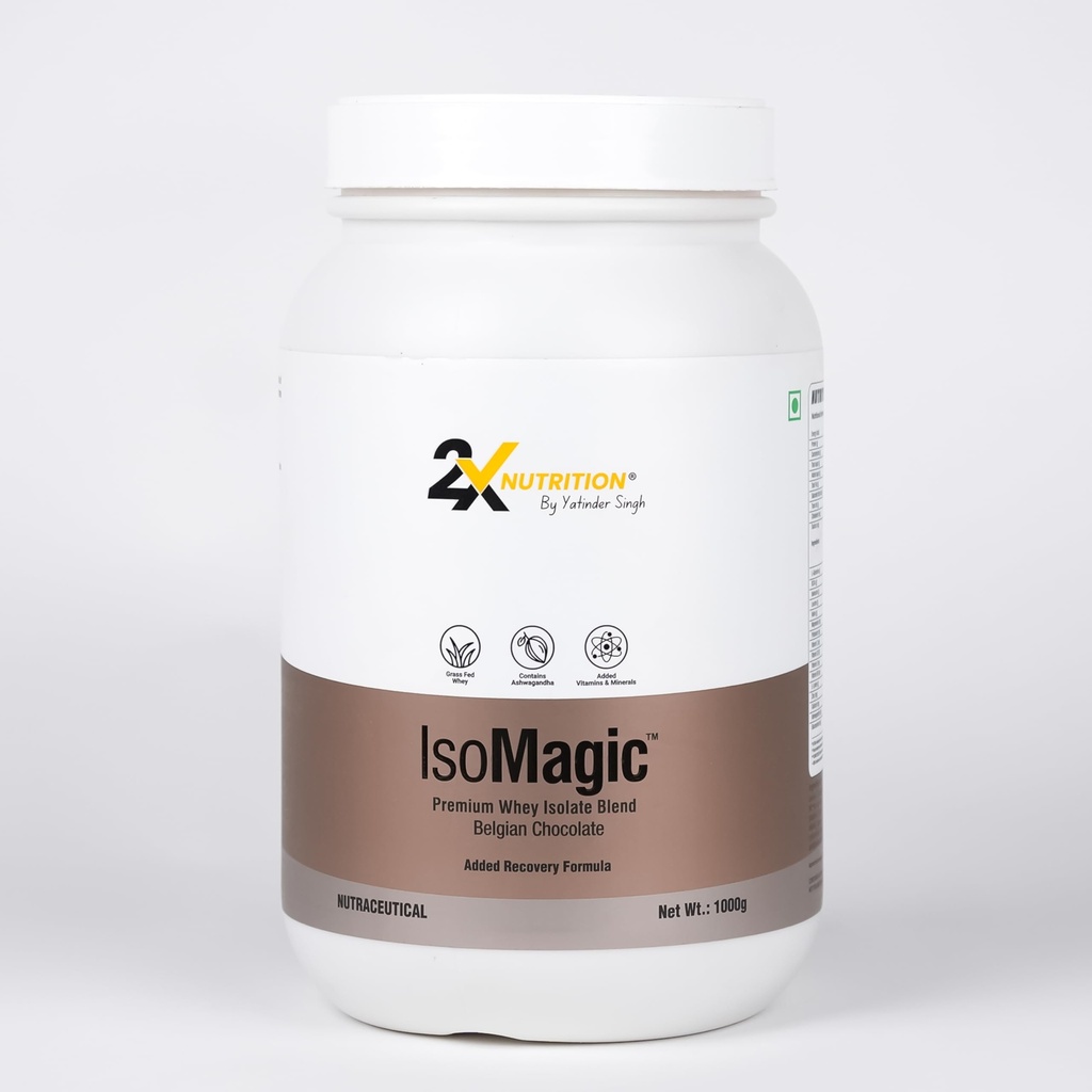 2X Nutrition Premium Whey Isolate Blend Protein Powder ISOMAGIC with Ashwagandha, 27g Protein, Low Fat & Carbs, for Faster Muscle Growth, Added Free-Form BCAA & L-Glutamine, Belgian Chocolate, 1Kg