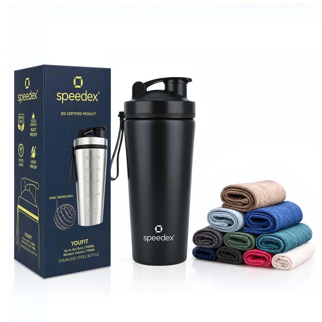 Speedex Stainless Steel Gym Shaker Bottle 750ml with Mixing Ball & Towel for Men & Women | Leakproof Protein Metal Shaker for Gym, Wide Mouth, Measurement Markings, Carry Loop Flip Cap – Black