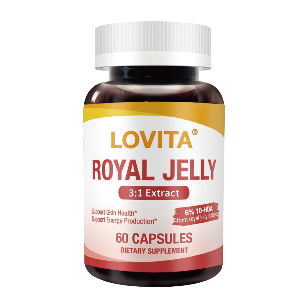 Lovita Royal Jelly 333 mg, 3:1 Concentré, avec 20mg 10-HDA, Source naturelle Super aliment, soutient la santé de la peau et la production d'énergie, 60 Capsules