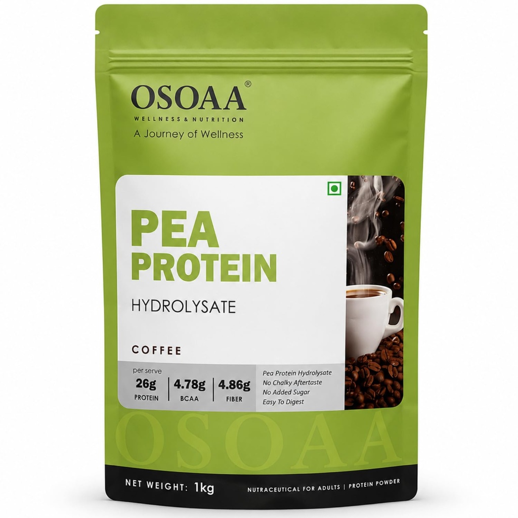 OSOAA Pea Protein Hydrolysate – Coffee Flavour | 26g Protein, 4.78g BCAA, 4.86g Fiber per Serve | No Chalky Aftertaste, Lactose-Free, Easy to Digest | 1kg (27 Servings)