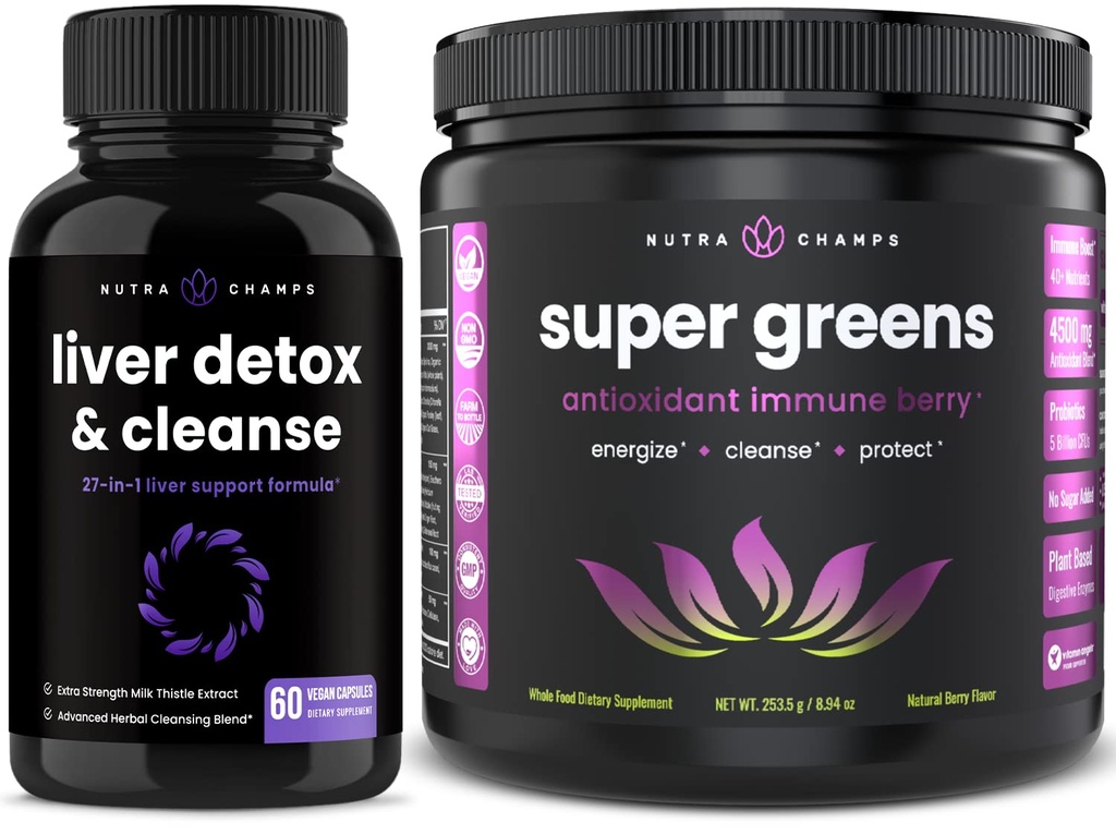 NutraChamps Lever Reinigen Detox Capsules en Super Greens Antioxidant Superfood Poederbundel